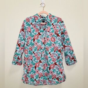 Lands' End Women's Size 10 Wrinkle Free No Iron Shirt 3/4 Sleeve Floral